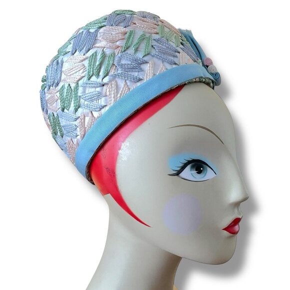 Vintage 1960s Womens Dress Hat Raffia Ribbon Woven Pastels Easter Wedding Derby - Picture 10 of 16